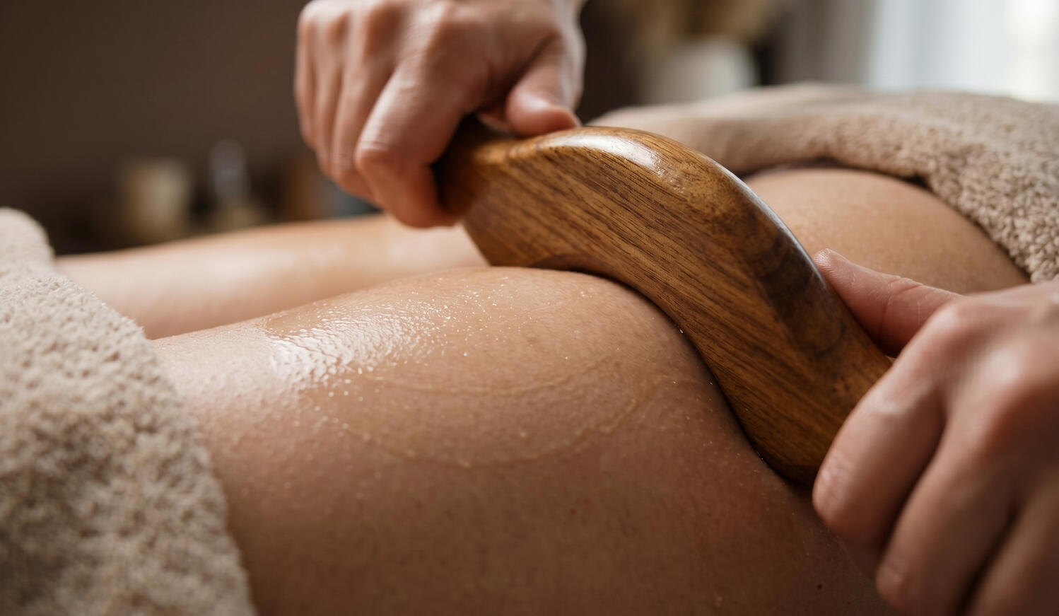 Sesión de maderoterapia reductora con rodillo de madera y aceites.
